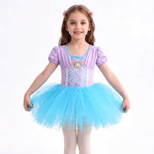 Girls Princess Mermaid Ballet Tutu Dress Short Puff Sleeve Frozen Elsa Costume Kids Dance Leotard Blue Tulle Skirt for Birthday Party Stage Recital
