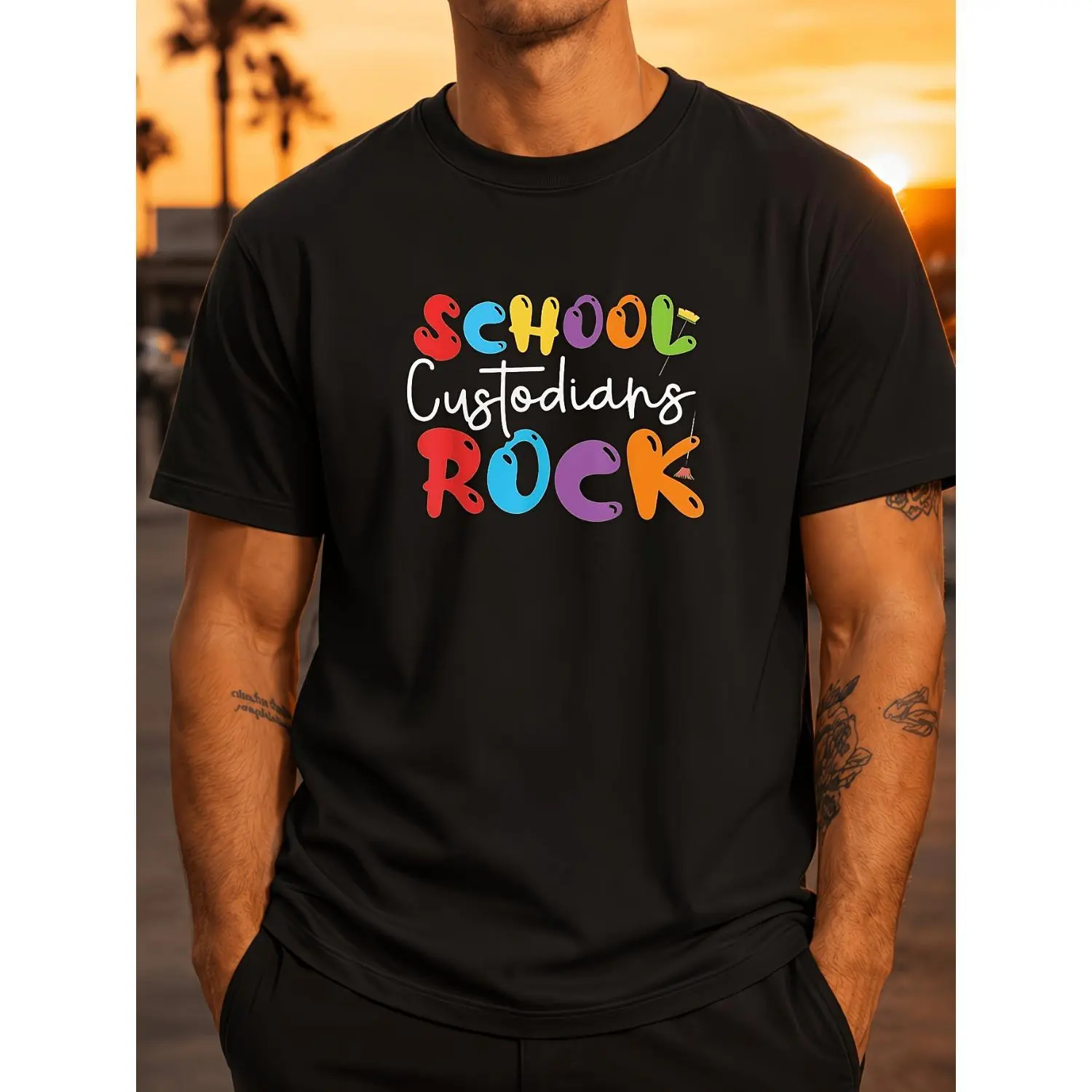 Men's Casual Graphic T-Shirt with Funny Custodian Print, Short Sleeve Round Neck Unisex Modern Fit Tee for Daily Wear, Shortsleeve, Menswear, Tops