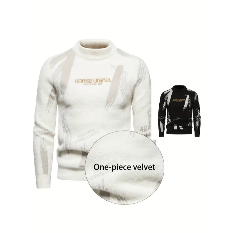 Men's Slim-Fitting Pullover Sweater with High Neck, Casual Letter Jacquard Knit Fabric, Full Sleeves for Fall & Winter Outdoors, No