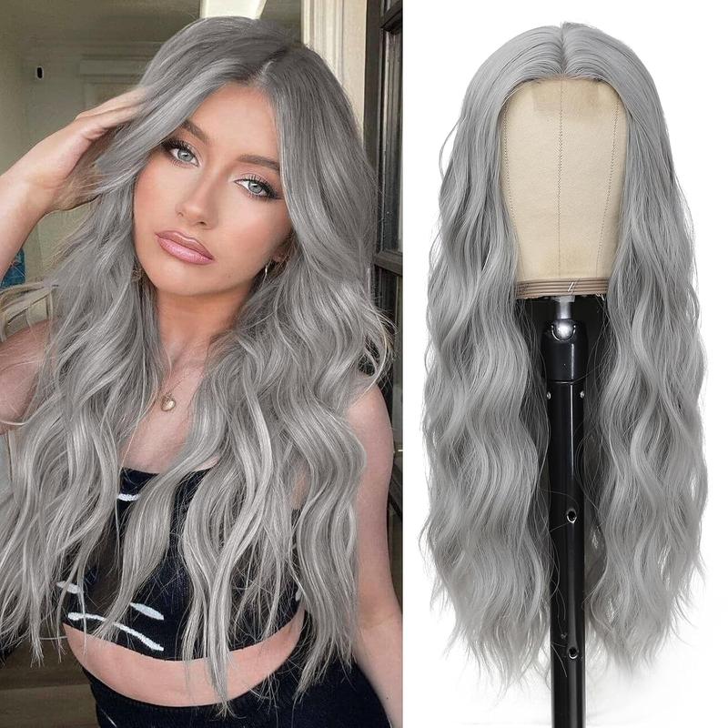 Grey Wig Long Silver Wavy Wigs for Women Middle Part Gray 26 inch Natural Curly Synthetic Wig Heat Resistant Fiber Wigs for Daily Party Use
