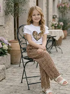Girls' Summer Set, Leopard Print Set, Short Sleeve Round Neck Top & Pleated Long Pants, Fashionable Kids Clothing for Outdoor Wear