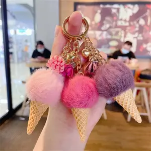 1pc Fashion Cute Mini Ice Cream Key Ring With Tassel Student Fluffy Pom Pom Velvet Plush Keychain For Girls Bag Decoration Gift