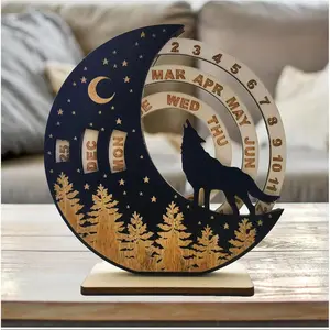 Perpetual Calendar Creative Rotatable Moon Disk Calendar, Desk Calendar,6 Inch Mini Wooden Calendar Desk Decoration,Desk Accessories for  Office Decor,  Yearly ()