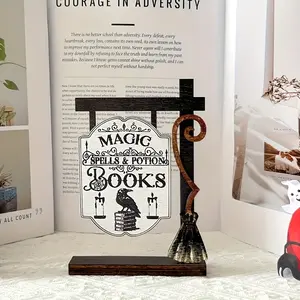 Halloween Magic Theme Wooden Decoration Figurine, Includes 'magic Spells & Potion Books' Text, Raven Candle Elements, Novelty Desk Decor, Perfect for Desktop Decor, Vintage Plaque Decor