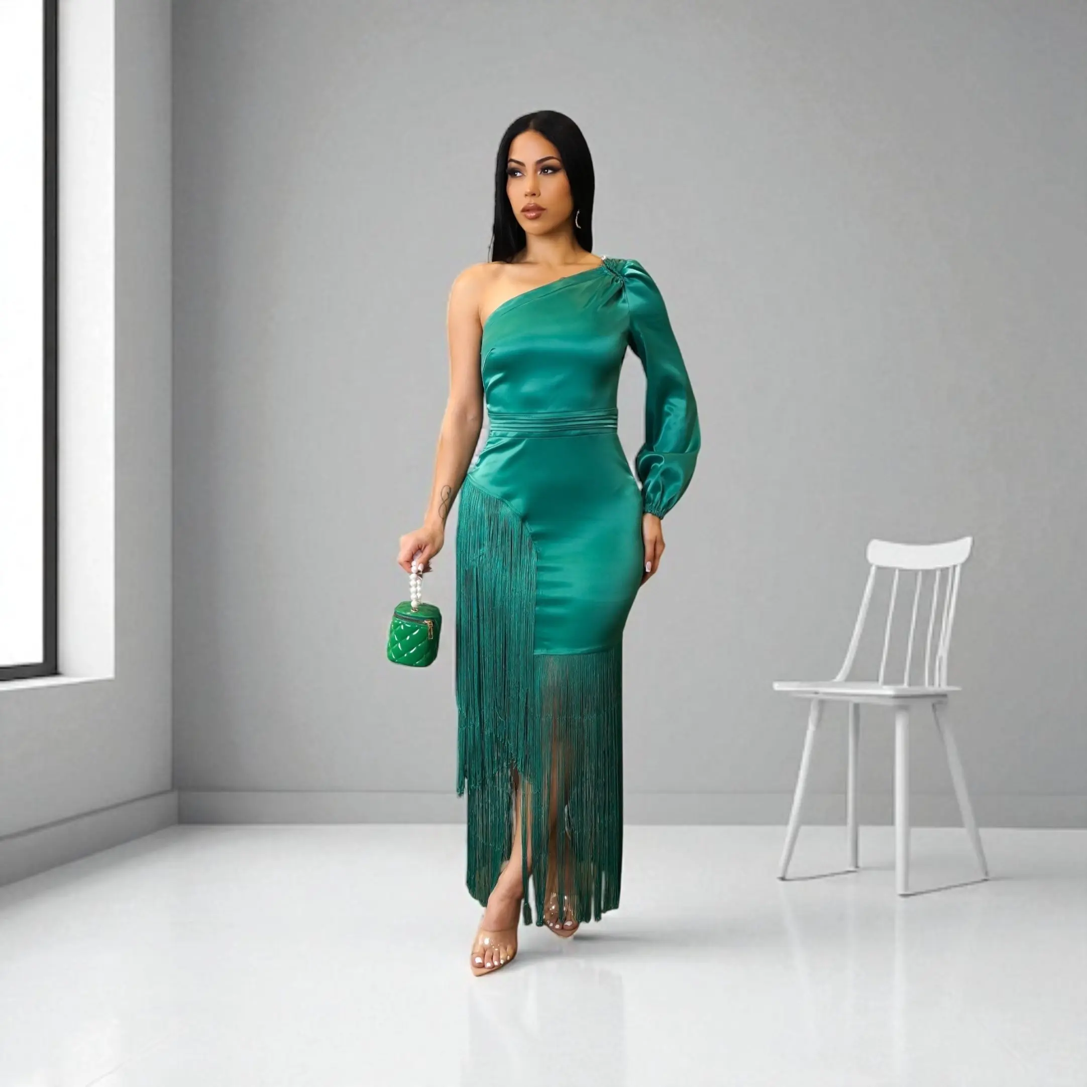 GREEN EMERALD EMPRESS  FRINGE DRESS