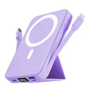 10000mAh Magnetic Wireless Power Bank - 22.5W PD Fast Charging, Built-in Lightning & USB-C Cables, Folding Stand, LED Display, Chargeable Accessory for iPhone 17/16/15/14/13 Mobile Device, Travel Essential