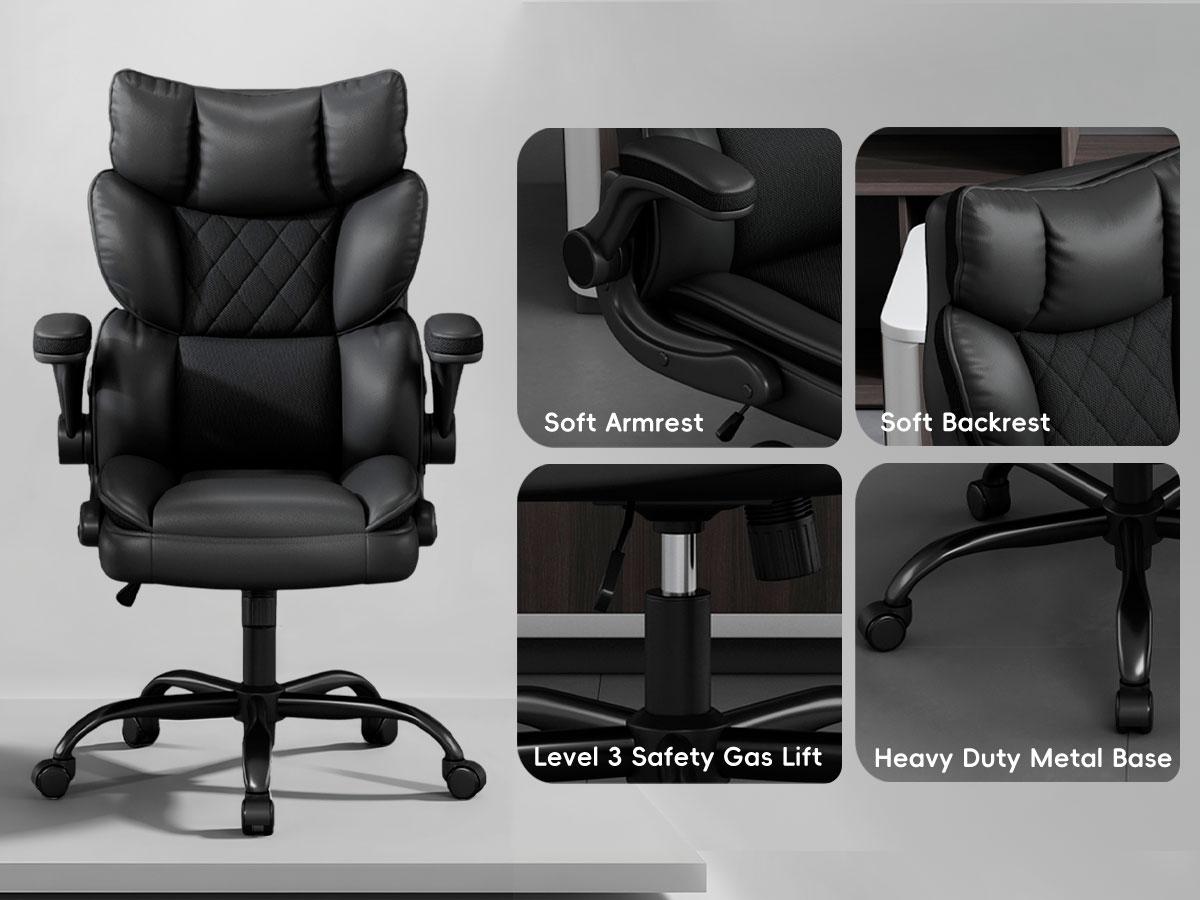 Vonesse Ergonomic PU Leather Executive Chair, Multi-use Gaming & Office Desk Chair, Flip-Up Armrests, Double Padded Backrest & Ventilated Seat Cushion V0568A