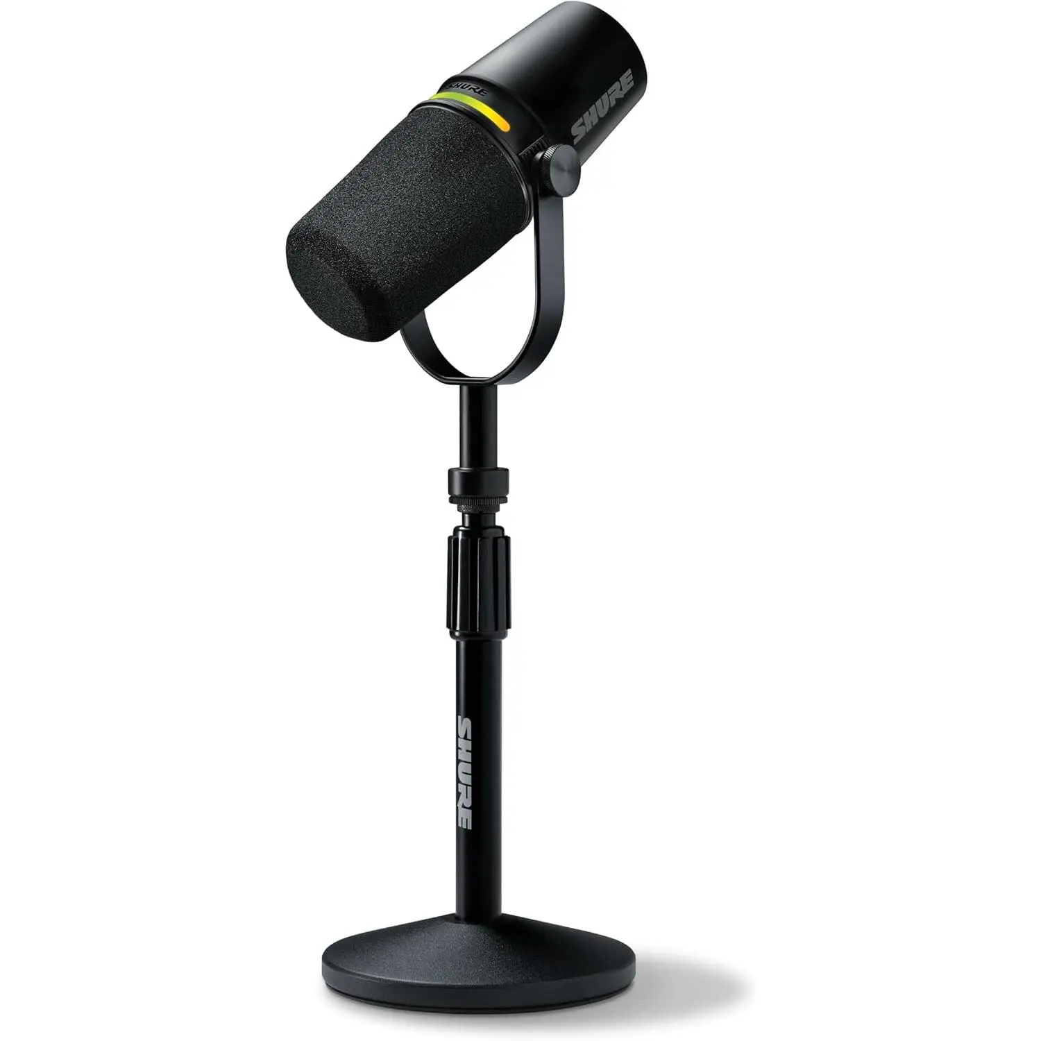 Shure MV7+ Podcast Dynamic Microphone with Stand – OBS Certified, Enhanced Audio, LED Panel, USB-C & XLR Outputs, Auto Level Mode, Digital Pop Filter – for Podcasting, Streaming, and Recording, Black