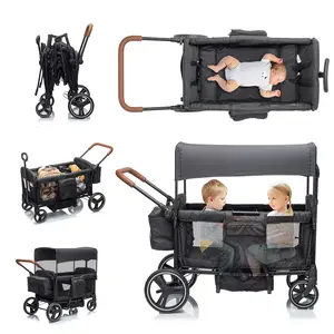 Folding Push Pull Wagon Stroller for 2 Kids – Adjustable Canopy UPF 50+ and Mosquito Net, 5-Point Harness, All-Terrain Wheels, Large Storage with Snack Tray, Ideal for Baby Toddler Park Beach Travel