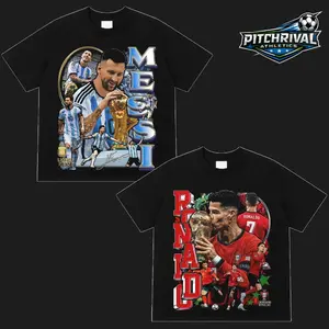 Vintage Soccer Legends Graphic Tee – Messi & Ronaldo Retro Bootleg Shirt, 100% Cotton Oversized Streetwear, Football GOAT Tribute T-Shirt, Heavyweight Fan Apparel, Unisex Sports Gift