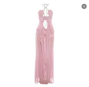 Pink Halter Neck Rhinestone Long Mesh Formal Evening Party Maxi Dress