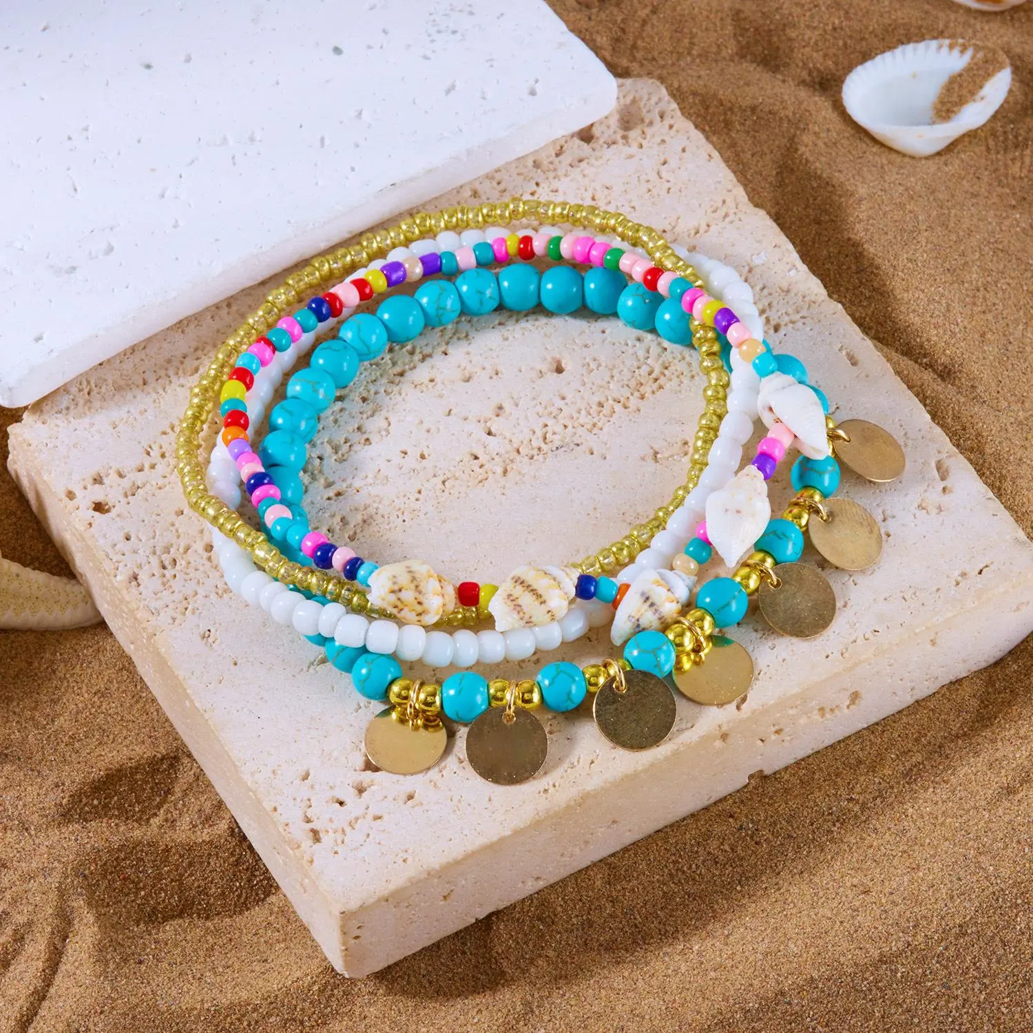1Set Hawaii an Style Beach Series Shell Vacation Ankle Chain Women's Bead Chain Ankle Chain Set Trendy Jewelry Anklets