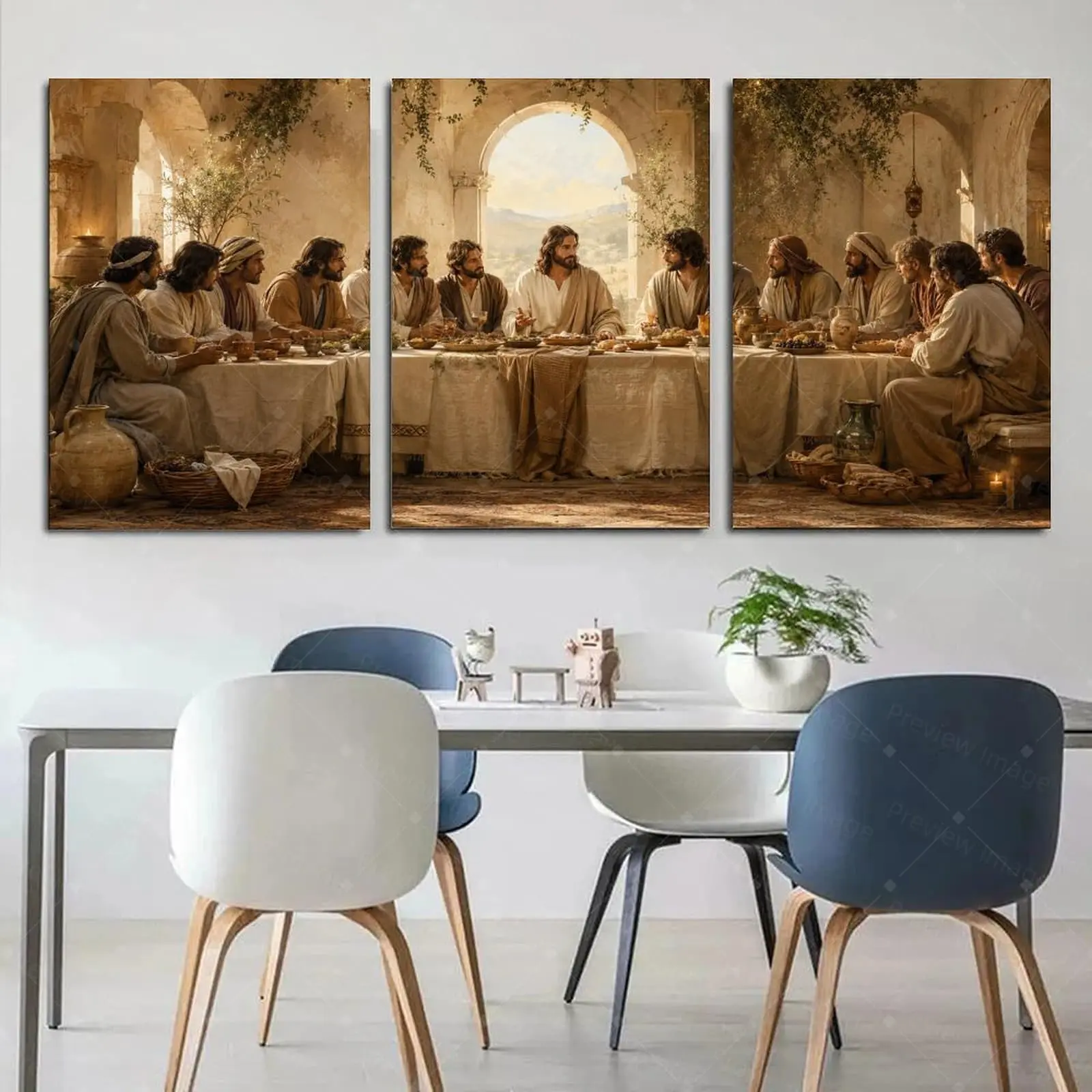 3 Piece Framed The Last Supper Canvas Wall Art, Jesus and Disciples Modern Oil Painting Style Poster, Neutral Aesthetic Christian Decor for Home Church, Faith Gift,wall decor,poster.