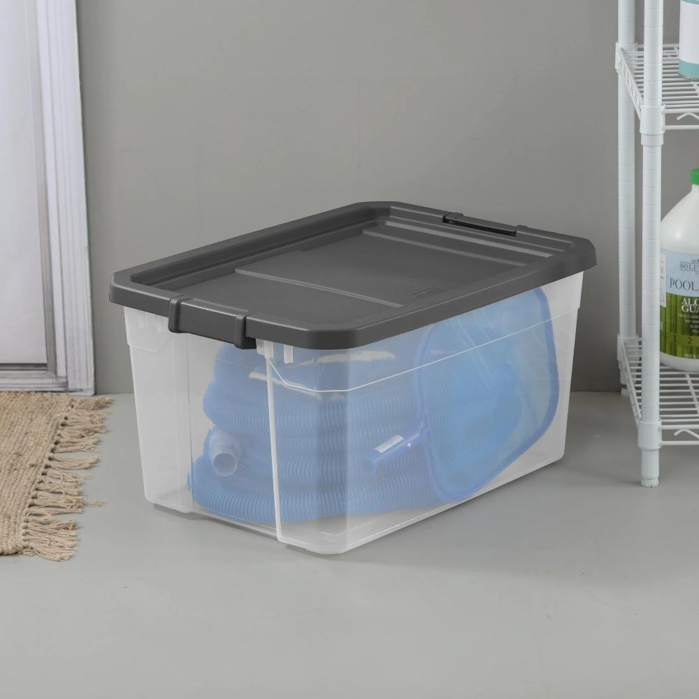 (2 pack) Sterilite 76 Quart Stacker Box, Durable Clear Plastic Storage Bin with Latch Lid, Dark Gray