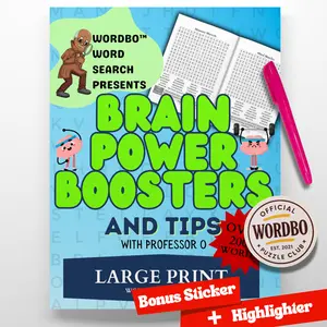 Wordbo Word Search Presents Brain Power Boosters & Tips — Large Print Word Search (100 Puzzles) + Puzzle Pro Sticker & Highlighter