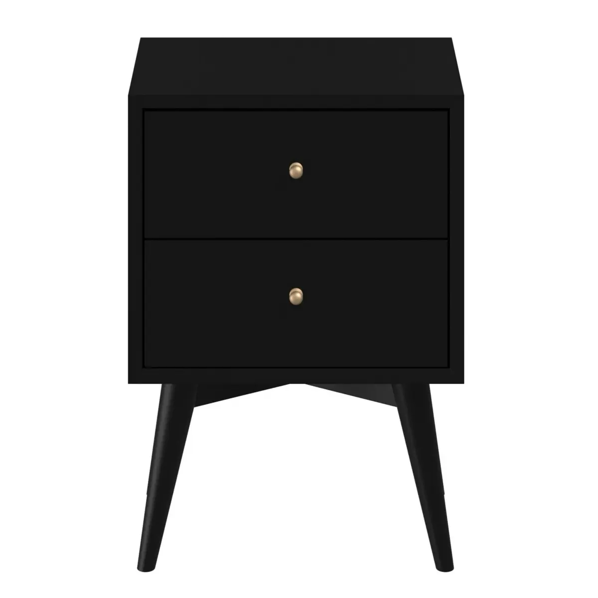 Black Mid-Century Modern Mahogany Wood Nightstand - Single Unit, 360-Rotating Stand, 2 Drawers with Ball Bearings Dovetail Joints & Glide, Flared Legs, Fully Built, 26x18x15in, 42 lbs, Modern Bedroom Storage Bedside Cabinet