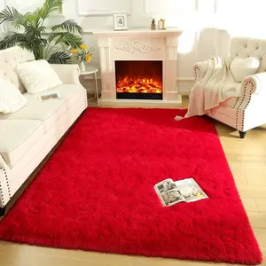 XEXSIN Red Shag Fluffy Area Rug for Bedroom Girls Living Room, Extra Soft and Fuzzy Shaggy Rugs, Non Slip, Solid Color Carpet Mat for Boys Nursery Home