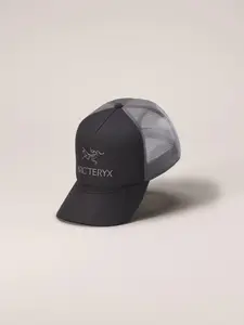Arc'teryx Bird Word Curved Trucker Hat - Black with Mesh Back, Ideal for Hiking and Outdoor Adventures