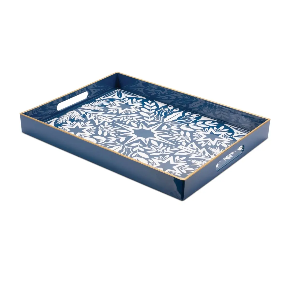 212 MAIN Rectangular Metallic Plastic Serving Tray & Plates - 15.75 x 12 x 1.75 in, Blue & White Celestial Star Motifs, Chic Gold Trim, Decorative Base, Elegant Winter Design, Party Use (Model 94391DS)