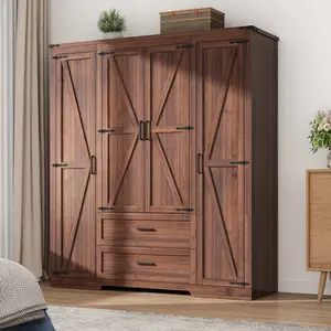 4 Doors Wardrobe Armoire Closet with Doors and Drawers, Farmhouse Wooden Armoire Storage Cabinet with Shelves & Hanging Rod for Bedroom, White/Brown/Grey