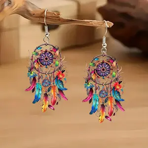 Bohemian-Style Acrylic Dreamcatcher Earrings with Vibrant Feathers & Wolf Design Stainless Steel Hooks for Anniversaries Birthdays Holidays Parties Casual Outfits