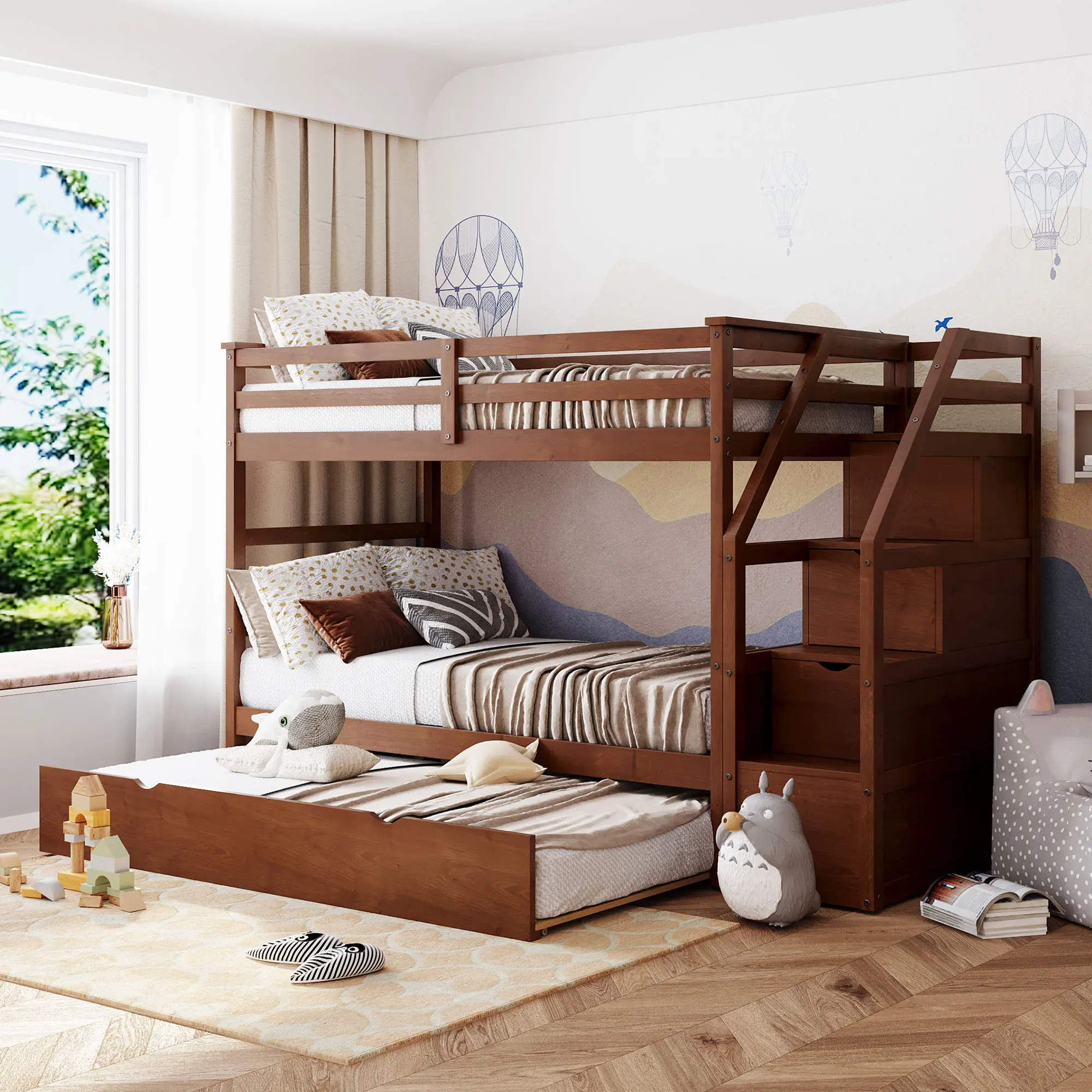 Twin Over Twin Bunk Bed with Stairs and Trundle, Wood Bunk Bed Frame with Storage for Bedroom, Dorm, Teens, Adults