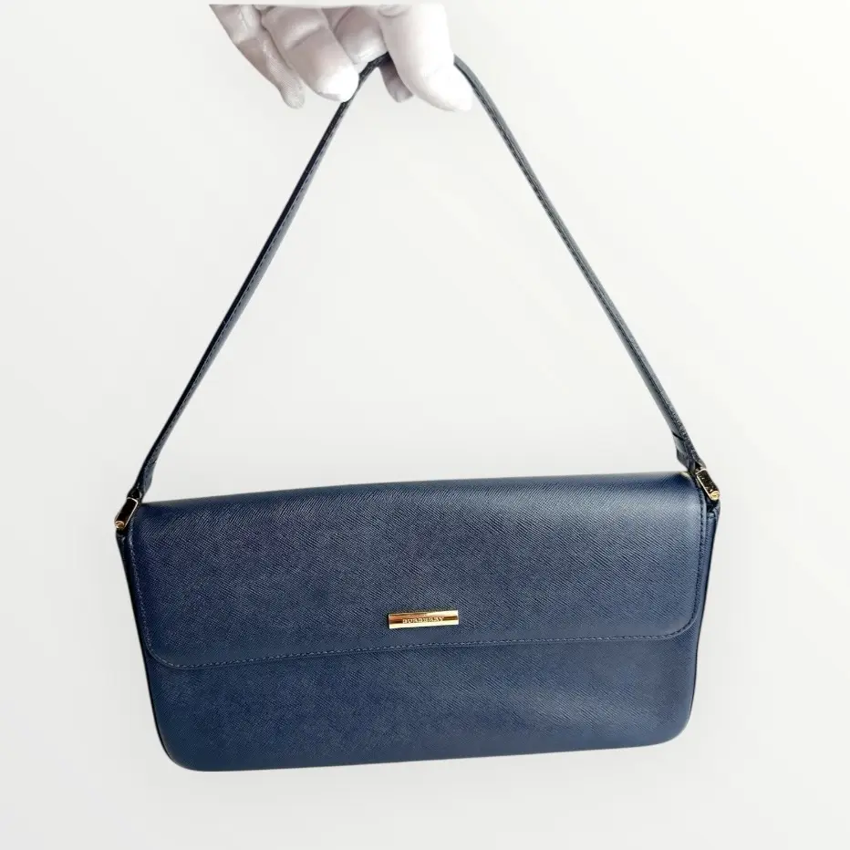 Pre-owned BURBERRY Grainy Leather Shoulder Bags Navy Blue Vintage Shoulder Bag