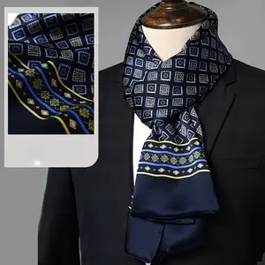 Luxurious Navy Blue Scarf for Men with Golden and Yellow Geometric Patterns - Elegant Business Style, Perfect for Casual Attire and Suit Matching