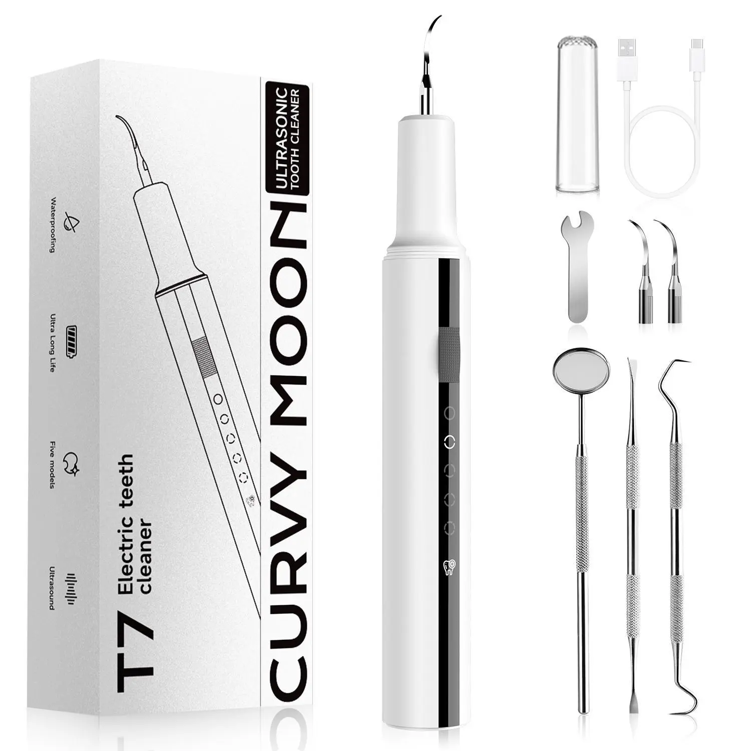 Oral Plaque/Tartar Remover for Teeth, Dental Calculus Remover Teeth Cleaning Kit with LED Light & 5 Adjustable Modes Rechargeable White
