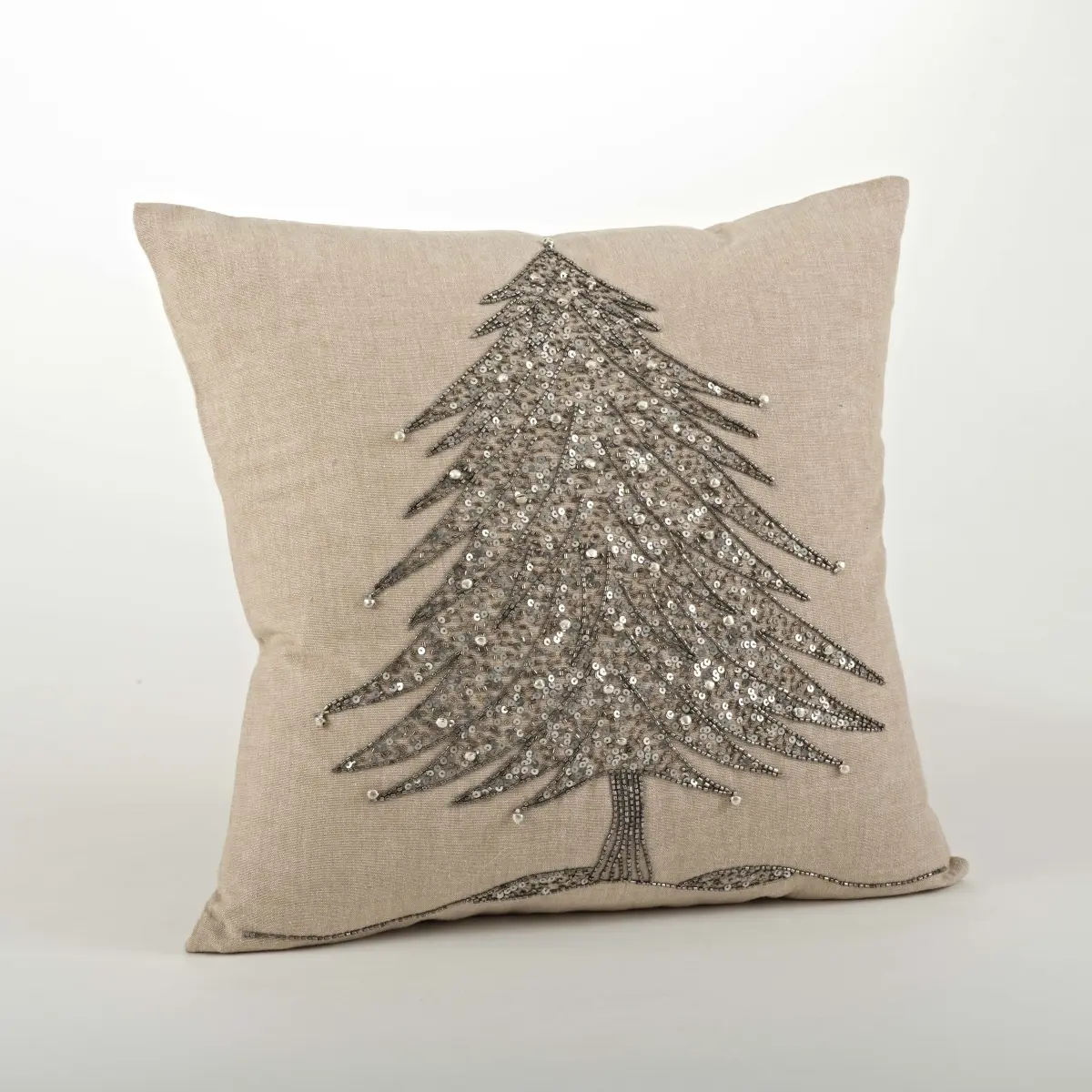 SARO 1025.S18S Cotton Beaded Contemporary Decorative Pillow - 18 in. Silver Christmas Tree Design, Bead Decoration Standard Pillow for Living Room, Room & House Decor Bedding