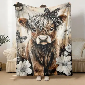 Premium Quality Highland Cow Flannel Blanket with White Flowers Ultra Plush Lightweight Polyester for Sofas Beds Travel Camping Living Rooms Offices Soft Warm Digital Printing Cow Print Gift，Portable Throw Blanket nap decorative comfort cute perfect