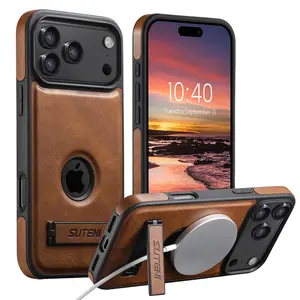 Luxury Faux Leather Phone Case Stand, Protective Phone Cover, Magnetic Wireless Charging,Wax Texture, Fits iPhone 17 Pro Max 16 Plus 15 14 13 12,