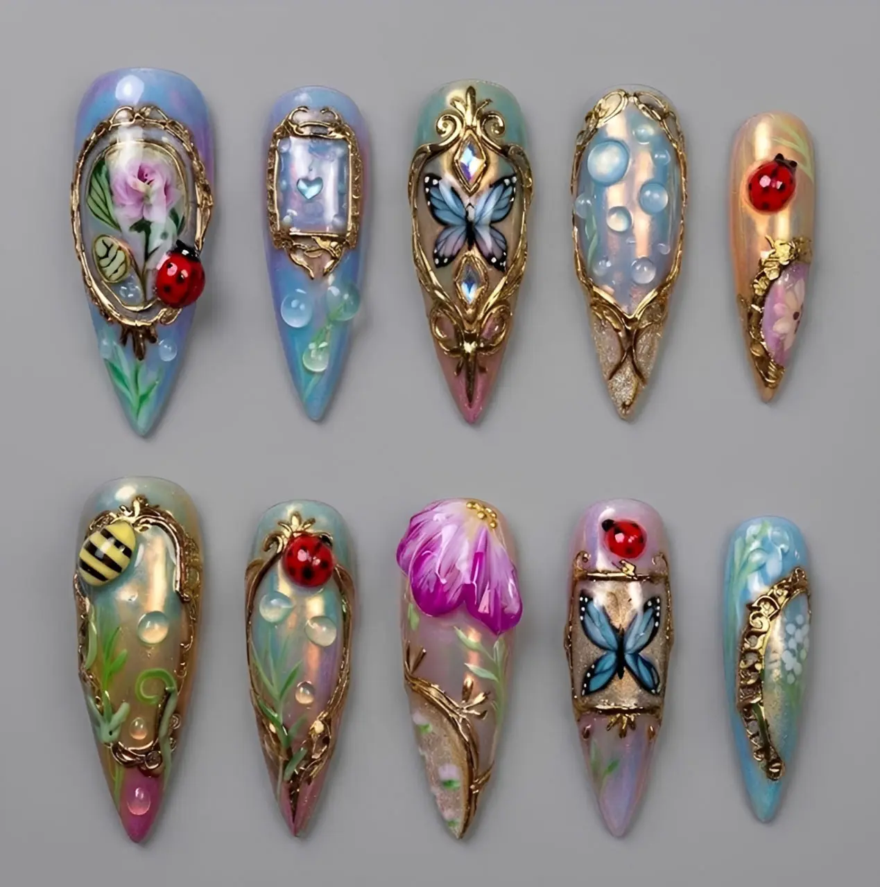 Enchanted Garden Press On Nails | 3D Butterfly Ladybug Bee Floral Gold Frame Iridescent Long Almond Nails, Fairycore Nail Art