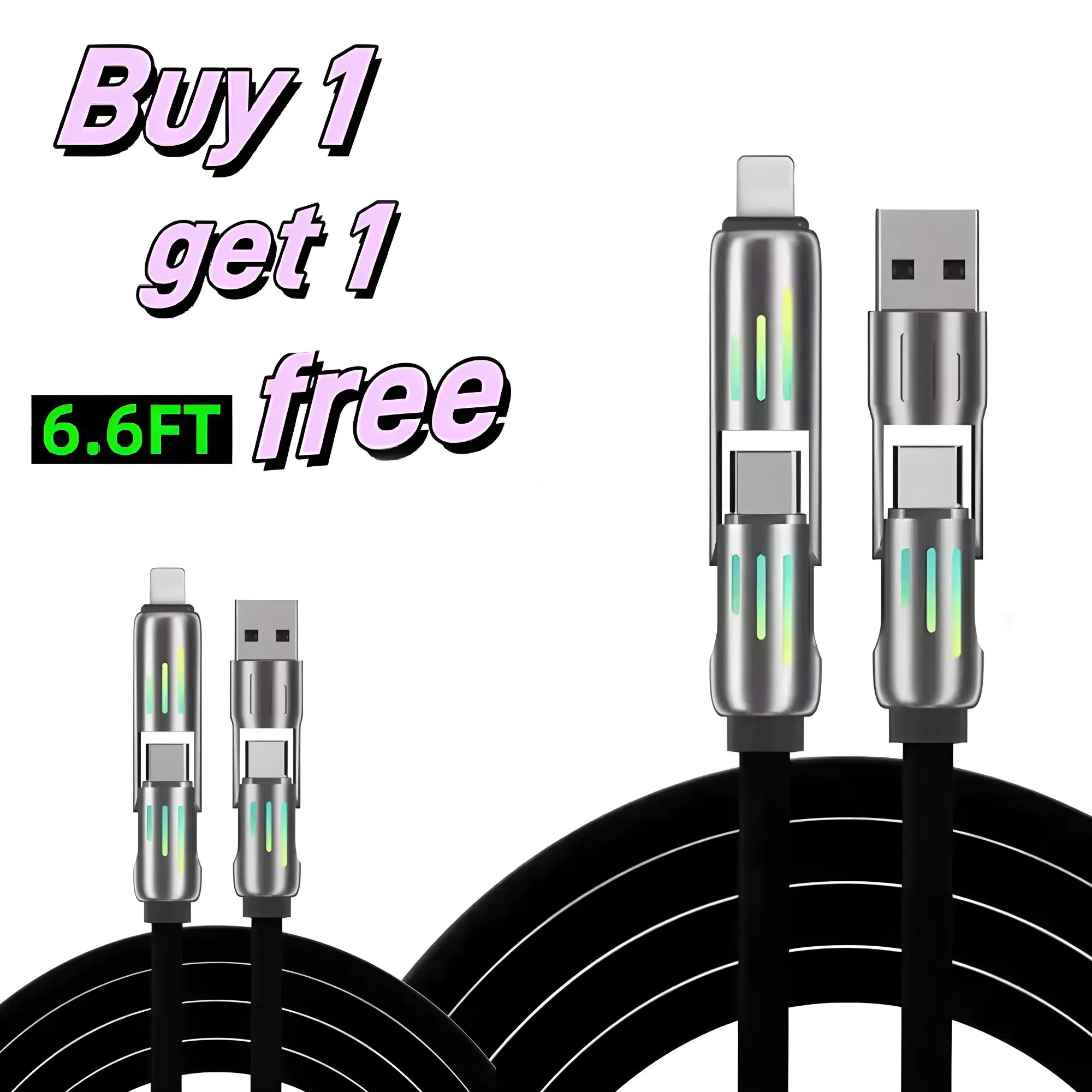 [Buy 1 Get 1 Free] 6.6ft 4-in-1 Multi USB Multifunctional Charging Cable, Super-Fast Charging USB-A/Type-C/Lightning Cable Max 65 W, Data Sync for iPhone, iPad, Samsung, Cellphone and Laptop Fast Charging Cables