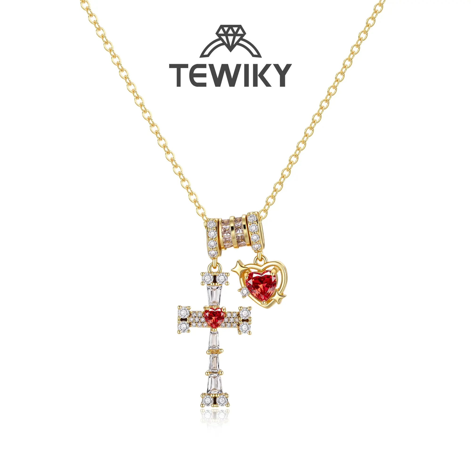 TEWIKY 14-Carat Gold-Plated Jewelry Set, 3 Cubic Zirconia Round Ring & Red Heart/Cross Artificial Zircon Necklaces, Women's Summer Casual Versatile Giftable Everyday Religious Accessories, Religious Necklace