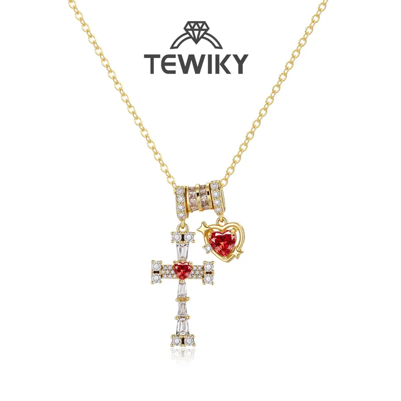 TEWIKY 14K Gold-Plated Jewelry Set - 3 Cubic Zirconia Round Ring with Red Heart Cubic Zirconia, Cross Necklace, Glamorous Artificial Gemstone Necklaces & Pendants, Women's Summer Casual Gift Accessory