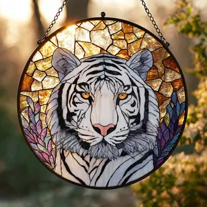 White Tiger Stained Glass Window Hanging – Mystical Sun Catcher Decor for Boho Spaces