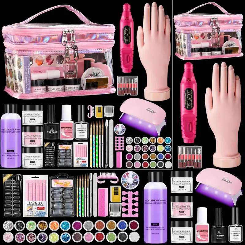 Women's Beginner All-In-2 Acrylic Nail Art Set - Acrylic Powders, Glitter, Rubber, Professional Drill, UV Light, 100pcs French Nail Tips, Storage Bag (Pink, Gift-Ready) for Salon & Party Use, Manicure