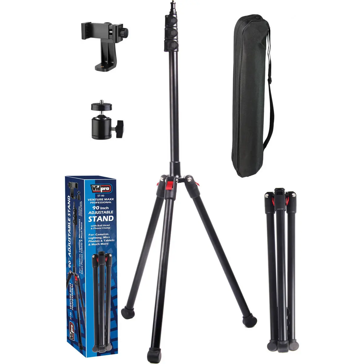 VidPro ST-90 90" Aluminum Tripod Stand - Camera Accessories for Cameras, Lighting and Audio Equipment