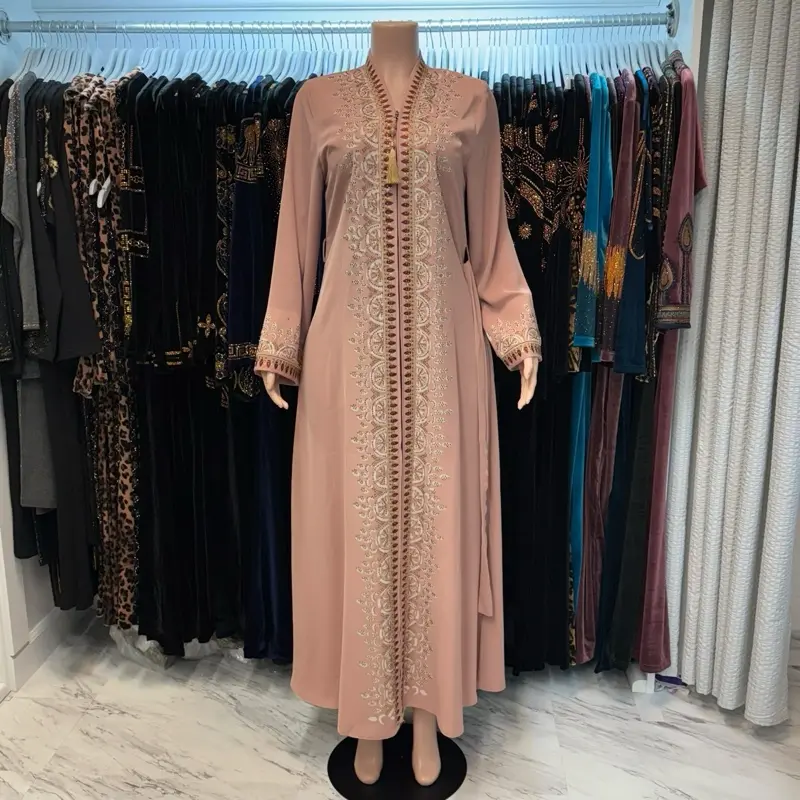 pink zippered abaya with rhinestone and embroidery detailing and belt