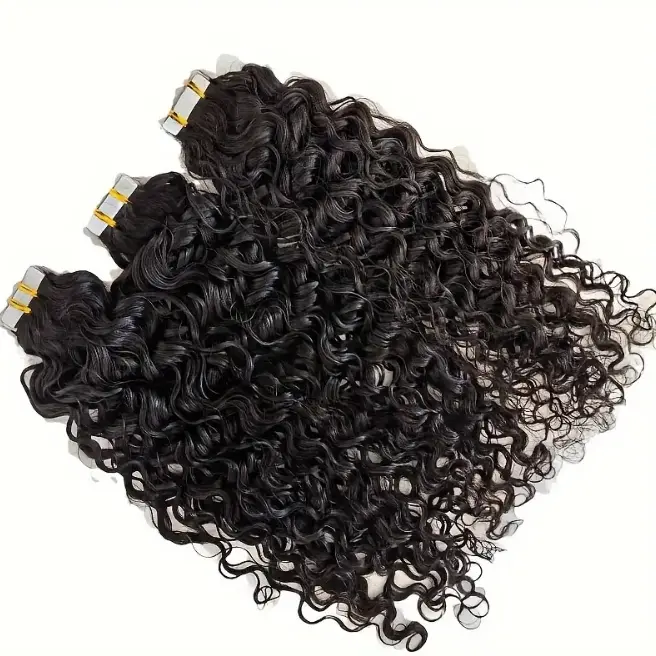 Wholesale 100% Virgin Human Tape-In Hair Extensions - Curly Wave, 20pcs 30g Natural Color Seamless Skin Weft, Invisible Reusable Adhesive, No Tangle/Shedding, 12-28in Thick Soft Long-Lasting, Natural Look Women's Daily/Salon Use Accessory, 24 Inches, Tape