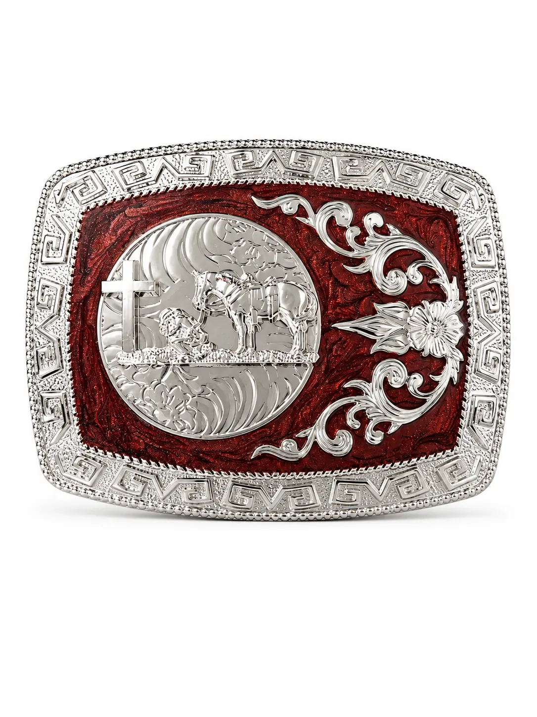 Christian Cross Horse Western Belt Buckle | Cowboy Faith Engraved Silver Buckle