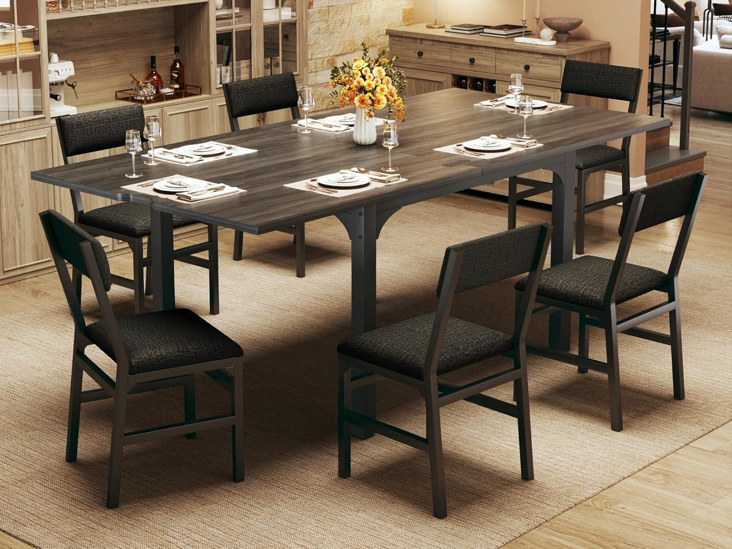 7-Piece Dining Table Set for 4-6, Extendable Kitchen Table Cushion Chairs Set of 6 with 6 Chairs, Rectangle Dining Table with Metal Frame & MDF Board, Folding for Small Apartment Saving Space,Grey Oak 7-Piece Dining Table Set for 4-6, Extendable Kitchen Table Cushion Chairs Set of 6 with 6 Chairs, Rectangle Dining Table with Metal Frame & MDF Board, Folding for Small Apartment Saving Space,Grey Oak