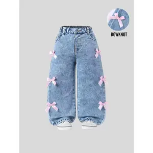 SHUJUAN Cute Bowknot Baby Girl Jeans, Light Wide Leg Denim Jeans, Elastic Waist Casual Fashion, Perfect for Daily Wear