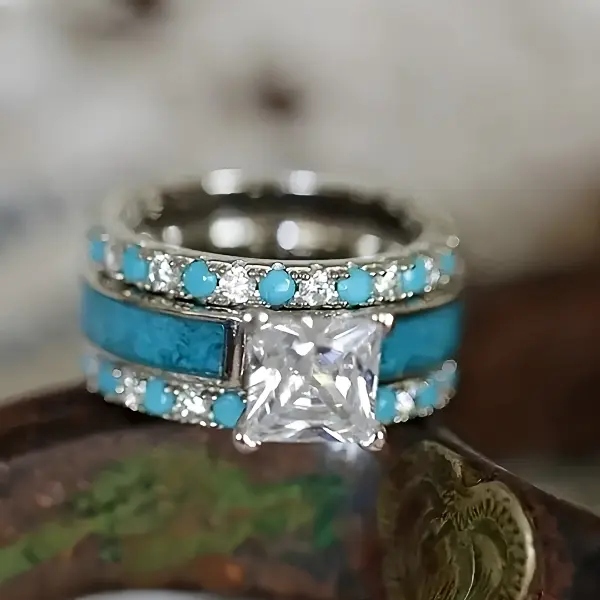 3pcs Euramerican Style Simple Design Engagement Ring With Blue Turquoise Stone For Women, Fashion Jewelry for Engagement, Party & Everyday Wear