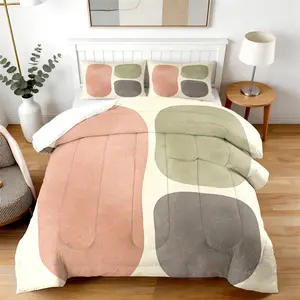 3/2Pcs Wabi-Sabi Abstract Block Comforter Set(1-2 Pillowcases, No Pillow Insert), Calming Low-Saturation Tones, Versatile Home Decor, Ideal Room Vibe Upgrade & Thoughtful Anniversary Gift