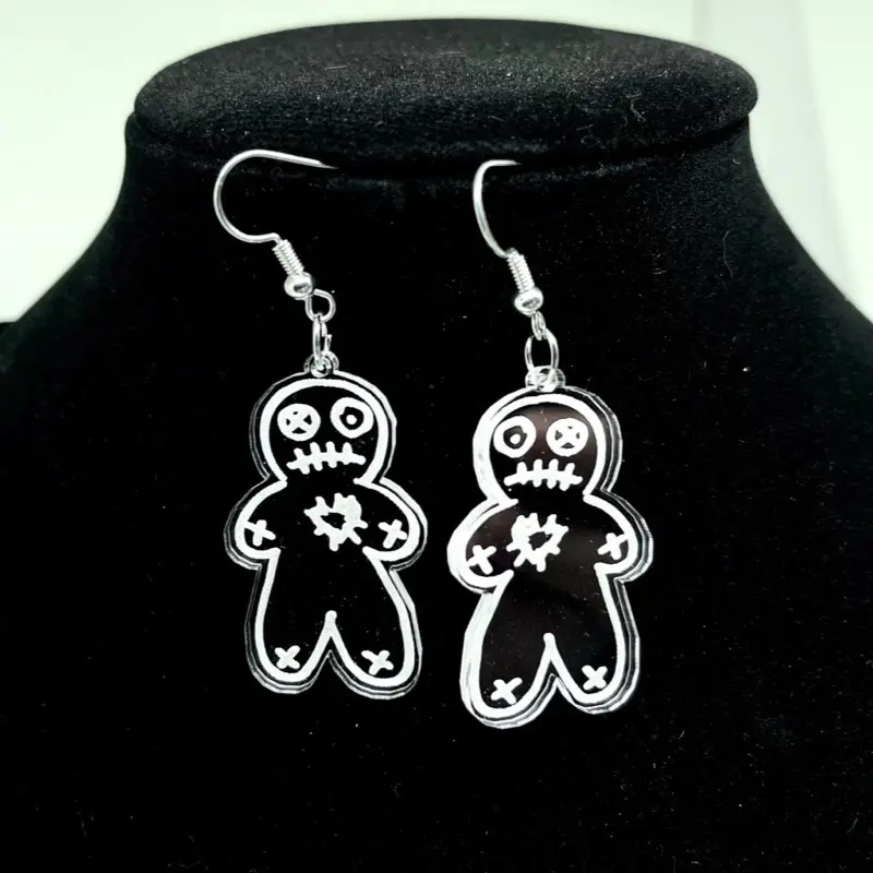 Voodoo Doll Earrings 1.4" Acrylic New Orleans Nola Mardi Gras French Quarter Witchcraft Horror Goth Witch Jewelry