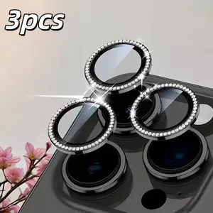 3-Piece Diamond-Studded Black Tempered Glass Mobile Phone Lens Protector - Compatible with iPhone 17/16/15/14/13/12/11 - Scratch-resistant, Drop-resistant, Protective, Decorative, Practical, Protection