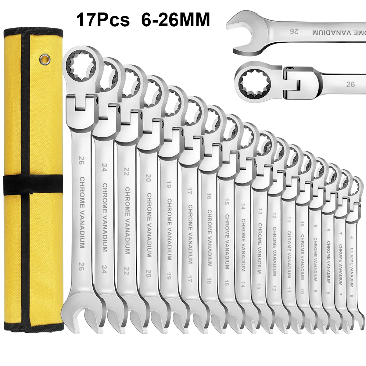 17Pcs Flex Head Ratchet Combination Wrenches Set - Chrome Vanadium Steel High Torque Multifunctional Wrench Set, Adjustable Manual End Spanners, No Assembly Required, for Automotive Mechanic Tasks