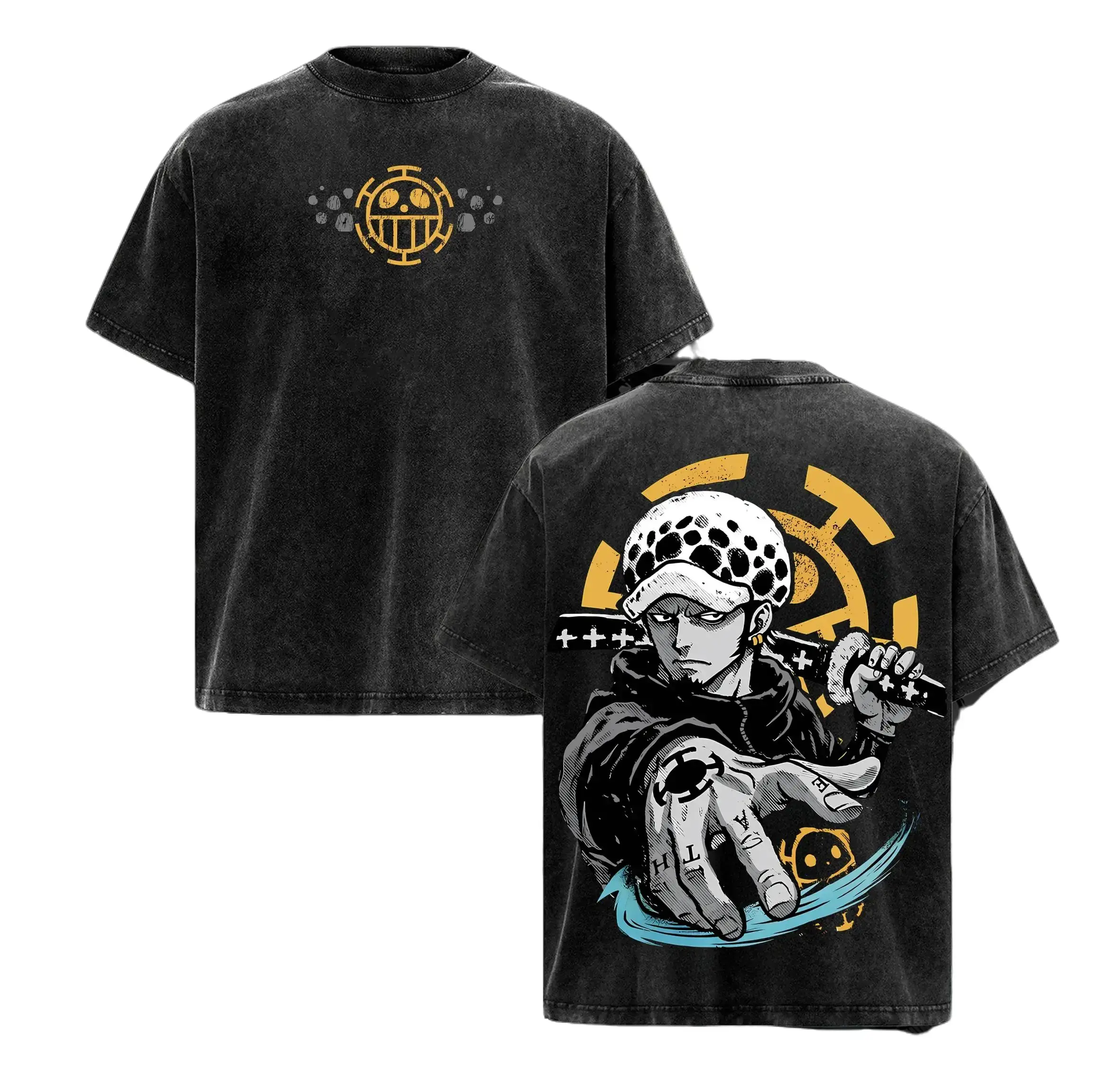 Trafalgar D. Law One Piece T-Shirt Menswear Top Underwear Heavy Cotton Vintage Washed Tee Double Printed Oversize Anime Manga Unisex Shirt